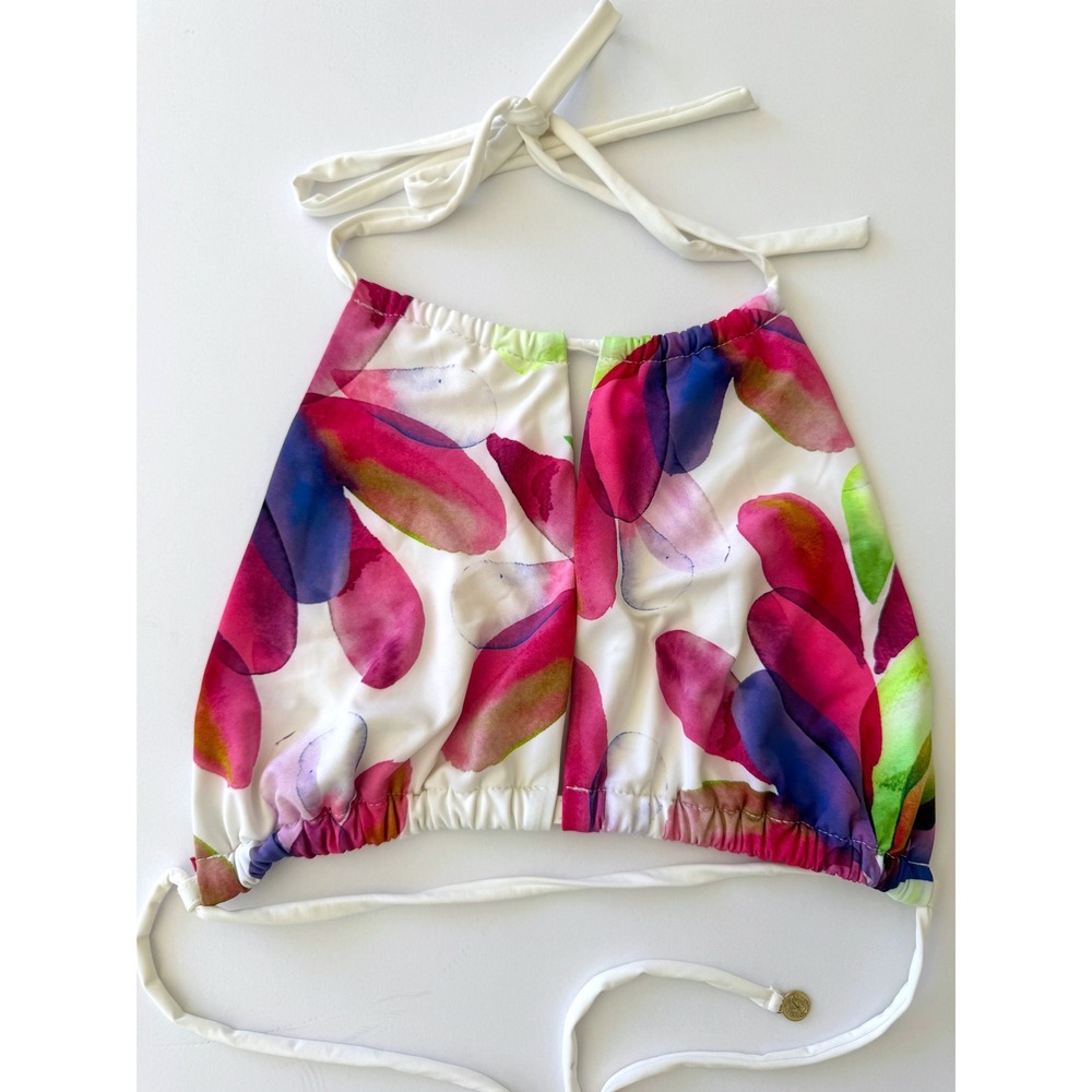 Vintage Tara Grinna Floral Halter Tankini Top Size B Adjustable Tie Resort Chic